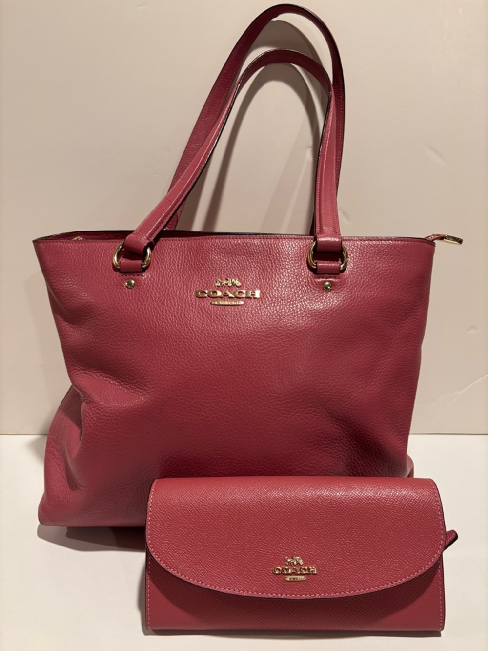 Coach Pebbled Leather Tote and Wallet in Berry